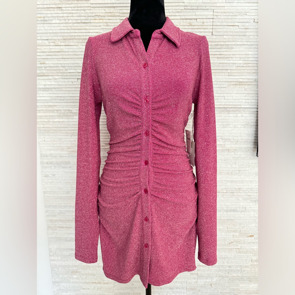 Good American Sparkly Sparkle Metallic Ruched Long Sleeve Mini Dress Size 1 Xs